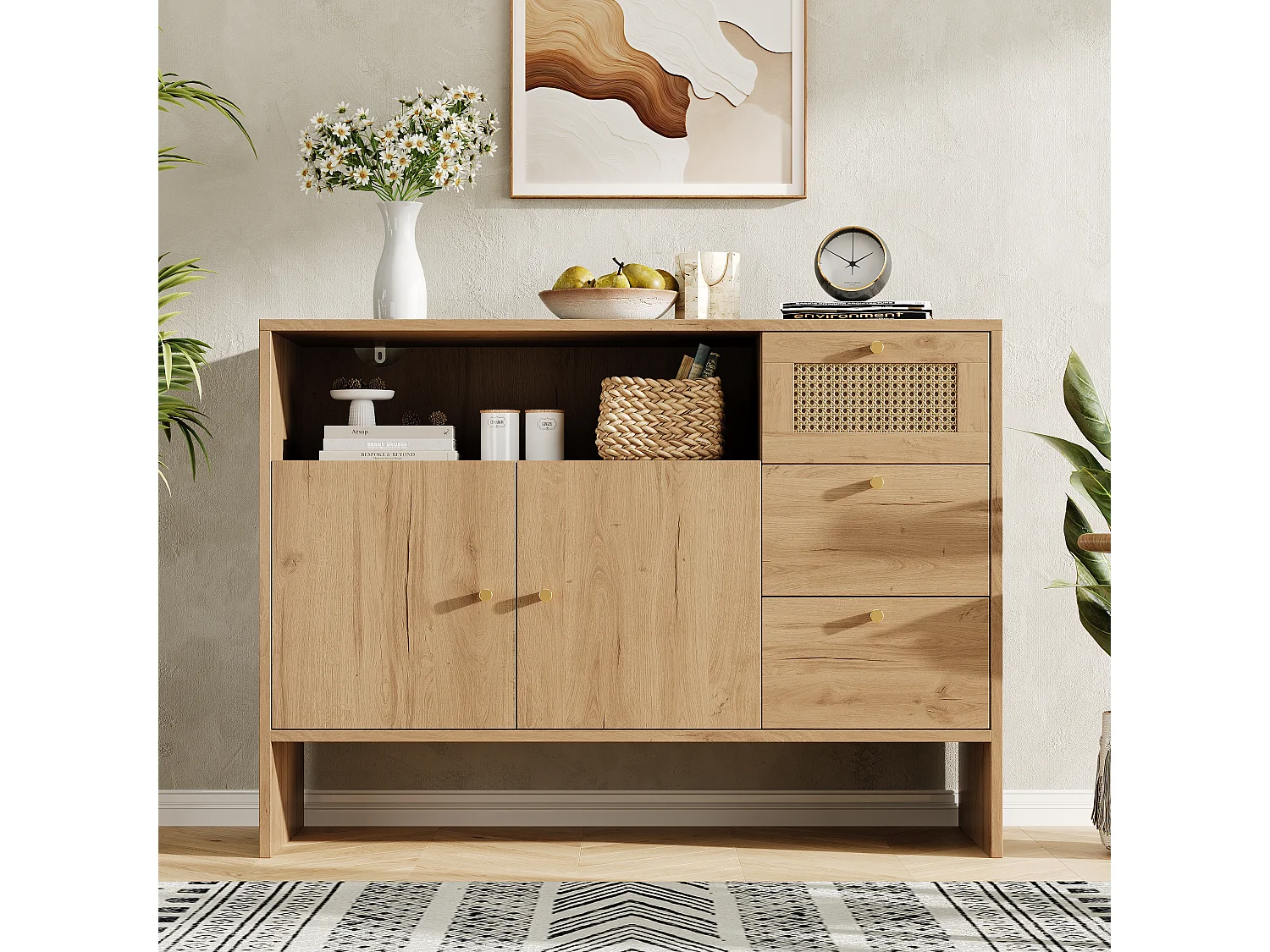 Buffet de salon - 105 x 40 x 76 cm - avec 2 portes + 3 tiroirs + poignées en rotin doré - aggloméré - naturel