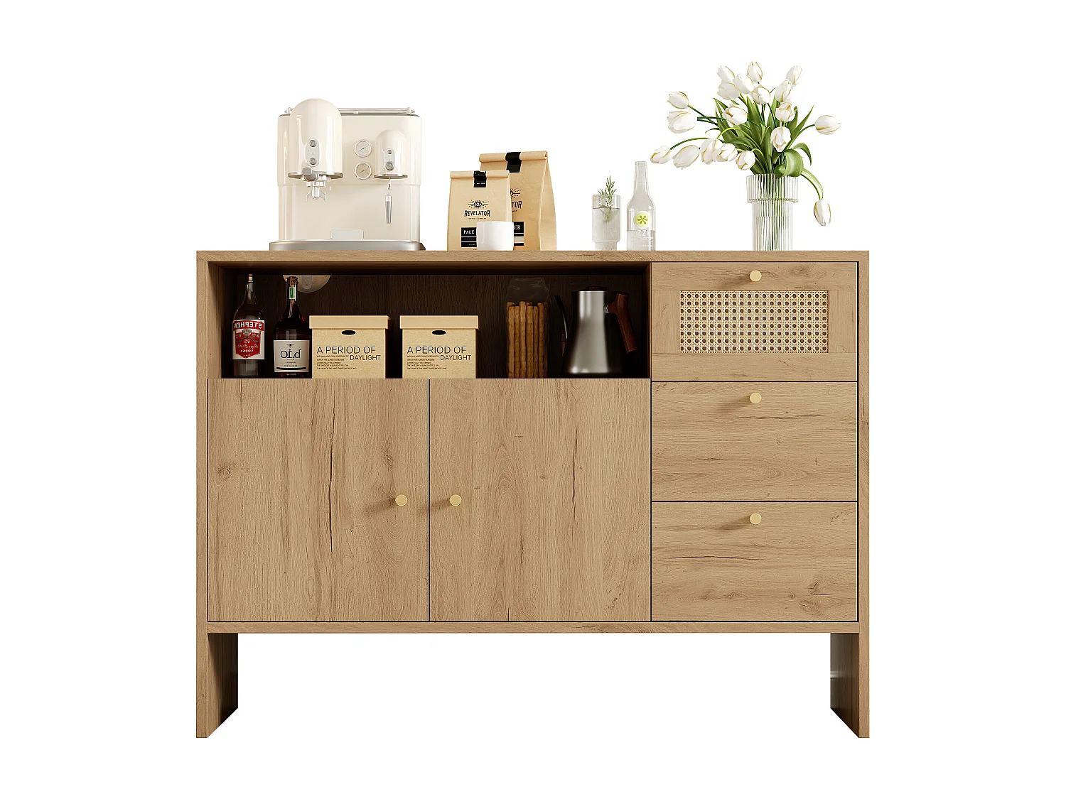 Buffet de salon - 105 x 40 x 76 cm - avec 2 portes + 3 tiroirs + poignées en rotin doré - aggloméré - naturel