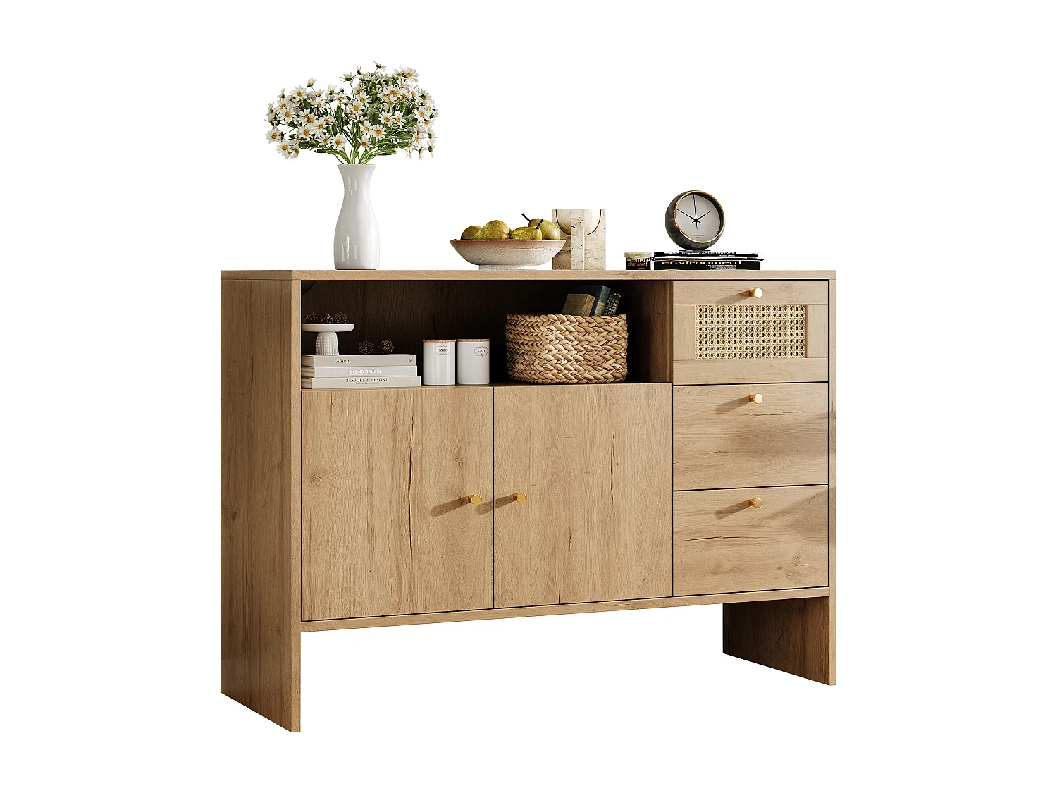 Buffet de salon - 105 x 40 x 76 cm - avec 2 portes + 3 tiroirs + poignées en rotin doré - aggloméré - naturel