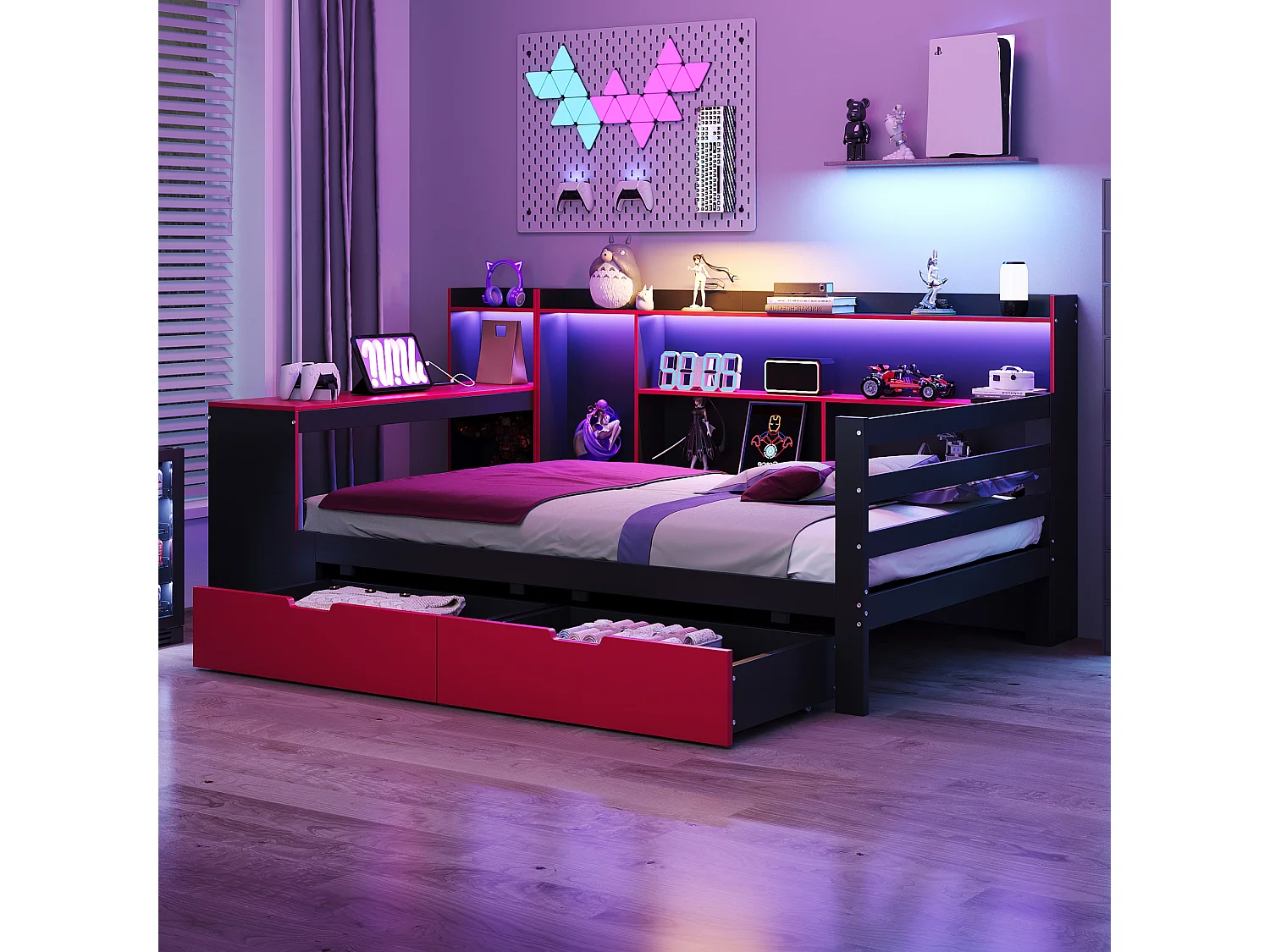 Canapé-lit en bois pour enfant - 90 x 200 cm - avec bureau + bibliothèque + étagères + Leds + prises - noir + rouge