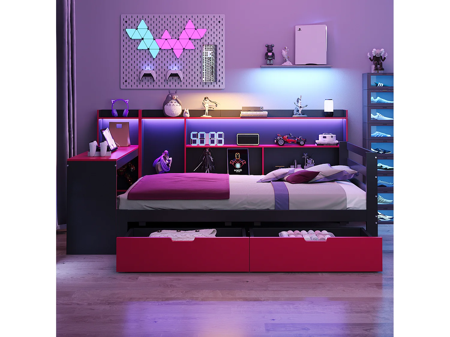 Canapé-lit en bois pour enfant - 90 x 200 cm - avec bureau + bibliothèque + étagères + Leds + prises - noir + rouge