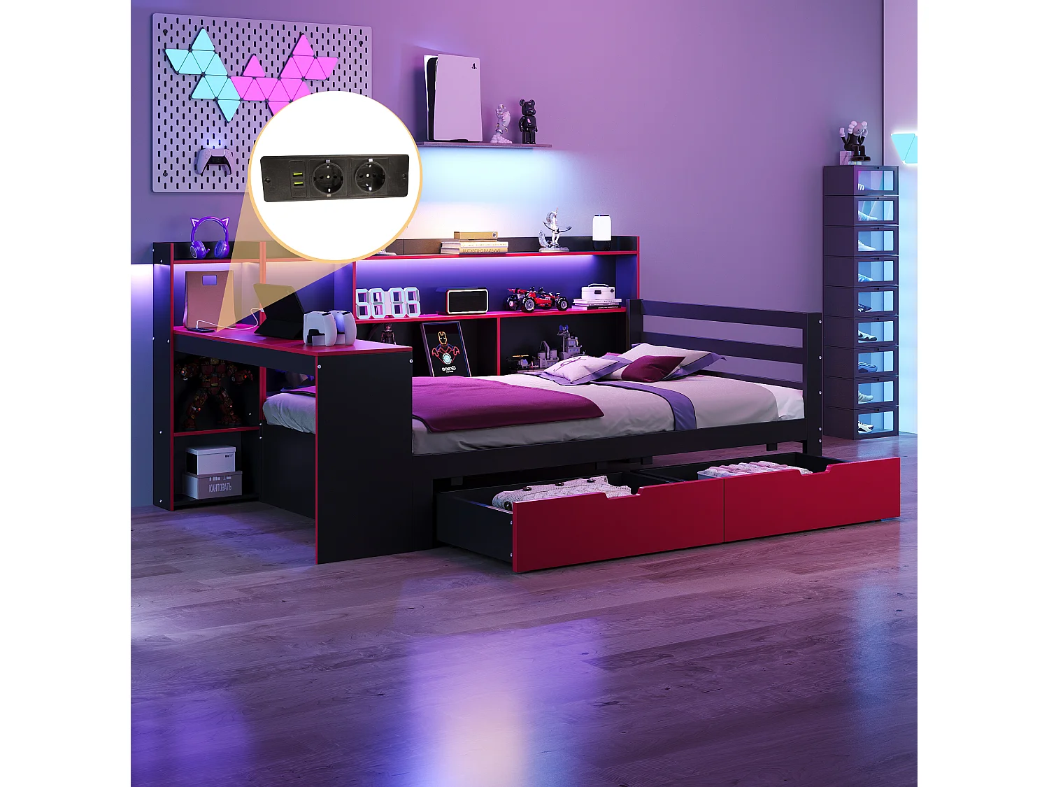 Canapé-lit en bois pour enfant - 90 x 200 cm - avec bureau + bibliothèque + étagères + Leds + prises - noir + rouge
