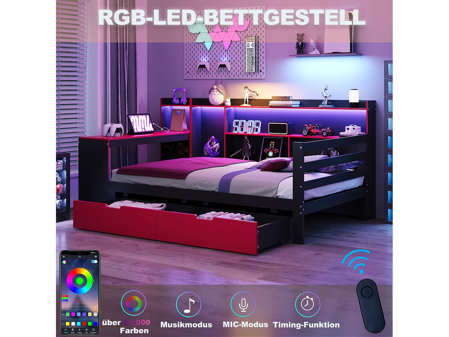 Canapé-lit en bois pour enfant - 90 x 200 cm - avec bureau + bibliothèque + étagères + Leds + prises - noir + rouge