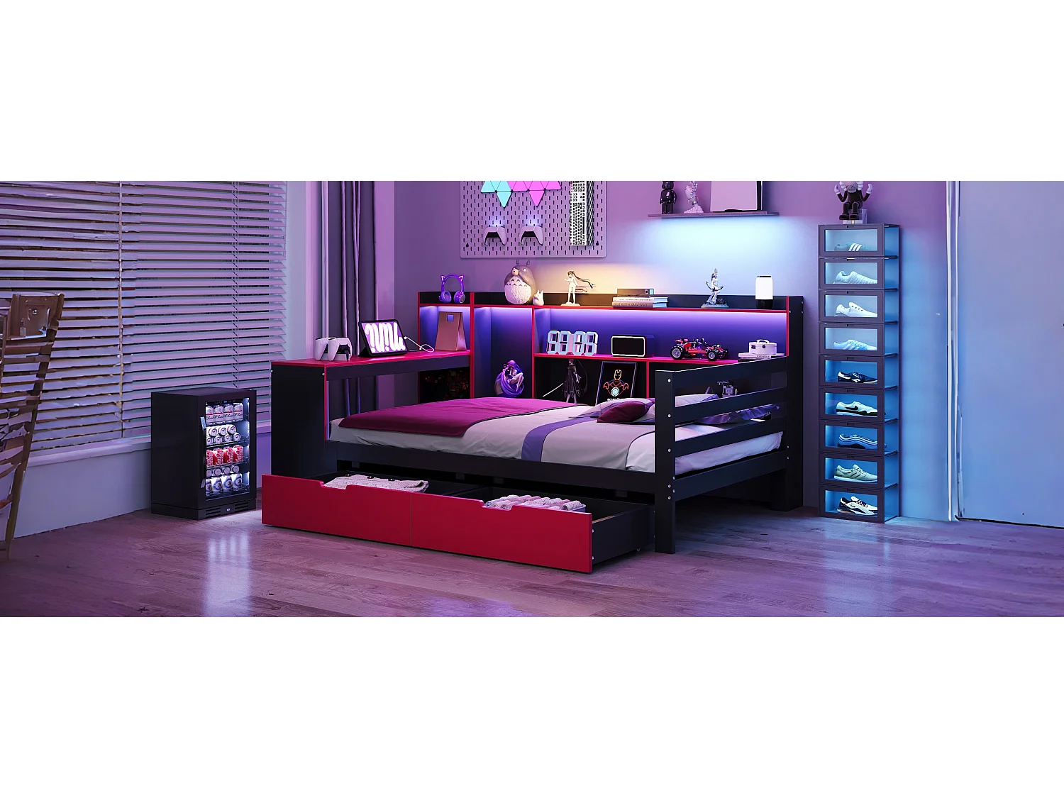 Canapé-lit en bois pour enfant - 90 x 200 cm - avec bureau + bibliothèque + étagères + Leds + prises - noir + rouge