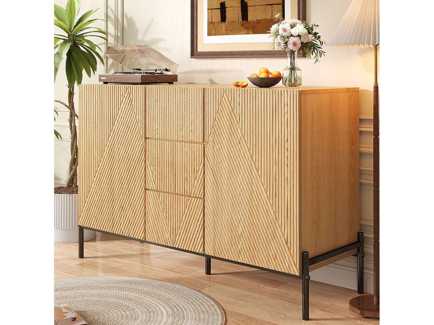 Buffet moderne à structure géométrique - 115.5 x 40 x 76 cm - avec 2 portes + 3 tiroirs - pour salon/salle à manger - MDF - naturel