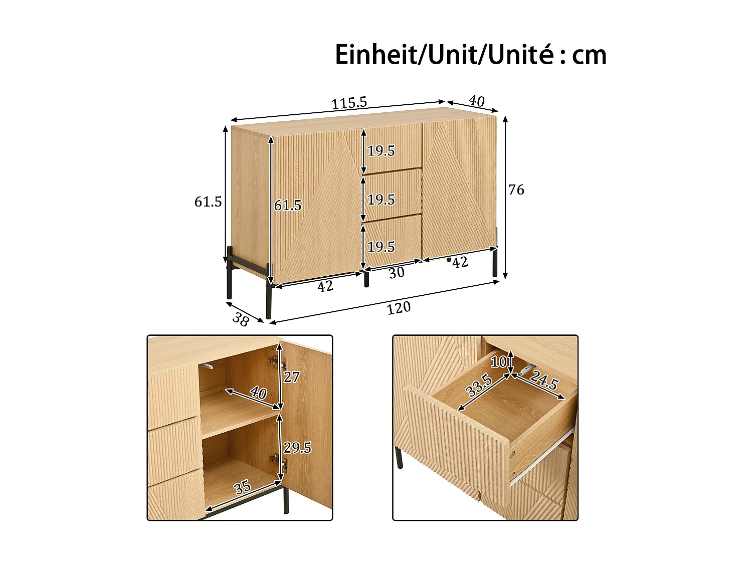 Buffet moderne à structure géométrique - 115.5 x 40 x 76 cm - avec 2 portes + 3 tiroirs - pour salon/salle à manger - MDF - naturel