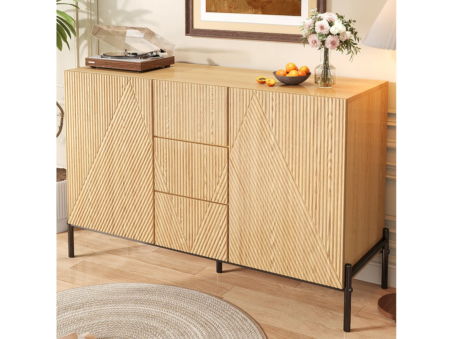 Buffet moderne à structure géométrique - 115.5 x 40 x 76 cm - avec 2 portes + 3 tiroirs - pour salon/salle à manger - MDF - naturel