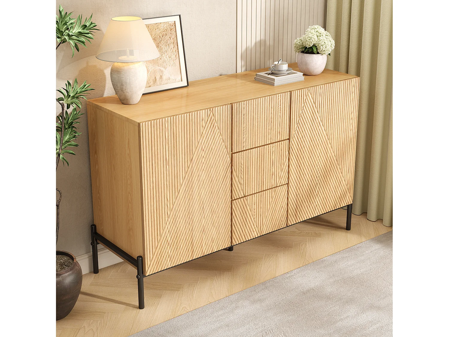 Buffet moderne à structure géométrique - 115.5 x 40 x 76 cm - avec 2 portes + 3 tiroirs - pour salon/salle à manger - MDF - naturel