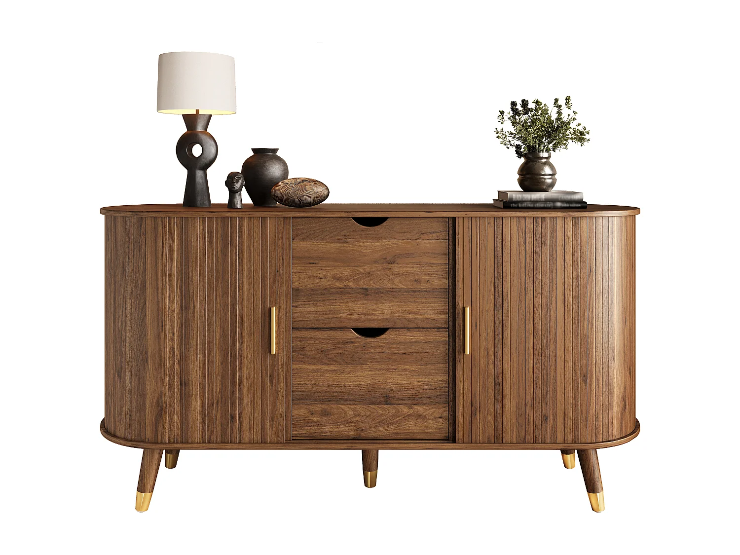 Buffet arrondi à grain vertical - 140 x 40 x 79.5 cm - avec 2 portes coulissantes + 2 tiroirs - MDF - marron