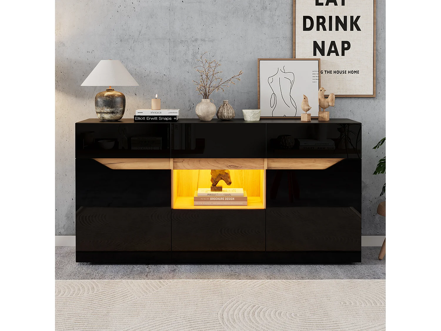 Buffet de salon laqué brillant - 140 x 40 x 70 cm - avec 4 tiroirs + étagère + tiroirs + Leds - aggloméré - noir