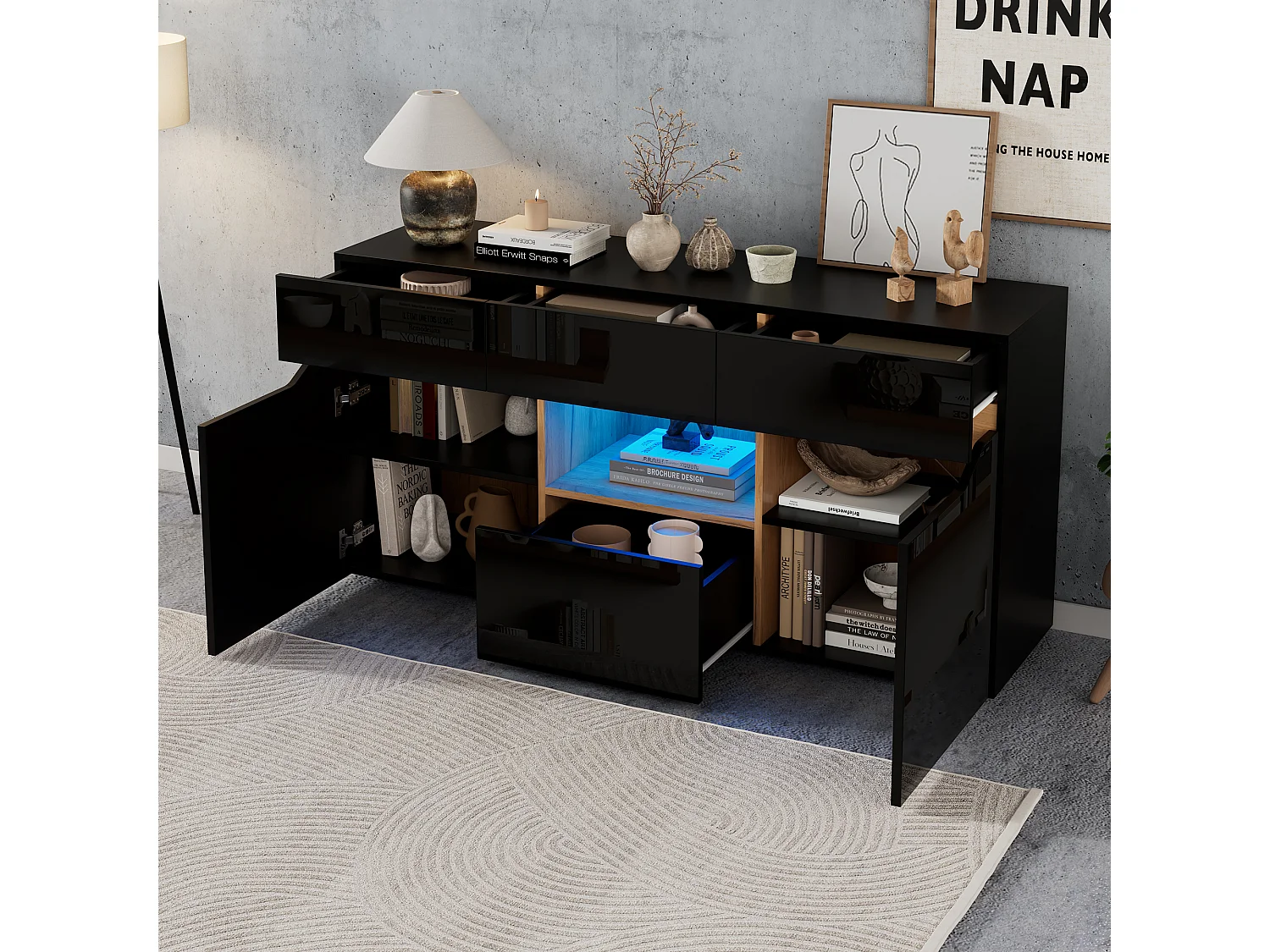 Buffet de salon laqué brillant - 140 x 40 x 70 cm - avec 4 tiroirs + étagère + tiroirs + Leds - aggloméré - noir