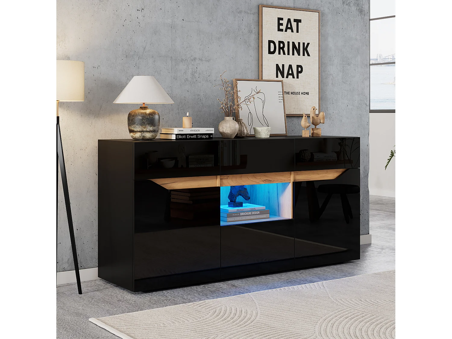 Buffet de salon laqué brillant - 140 x 40 x 70 cm - avec 4 tiroirs + étagère + tiroirs + Leds - aggloméré - noir