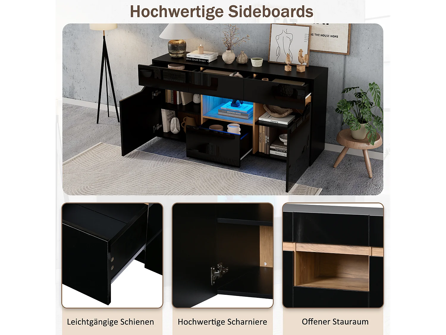 Buffet de salon laqué brillant - 140 x 40 x 70 cm - avec 4 tiroirs + étagère + tiroirs + Leds - aggloméré - noir