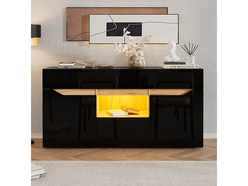 Buffet de salon laqué brillant - 140 x 40 x 70 cm - avec 4 tiroirs + étagère + tiroirs + Leds - aggloméré - noir