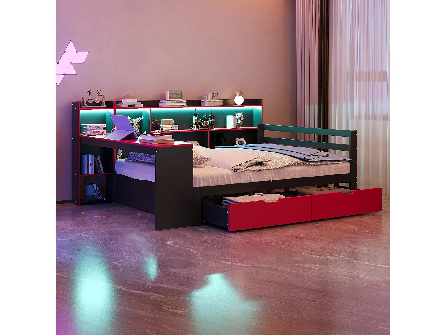 Canapé-lit en bois pour enfant - 140 x 200 cm - avec bureau + bibliothèque + étagères + Leds + prises - noir + rouge