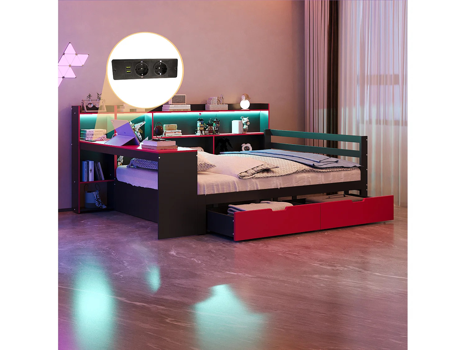 Canapé-lit en bois pour enfant - 140 x 200 cm - avec bureau + bibliothèque + étagères + Leds + prises - noir + rouge
