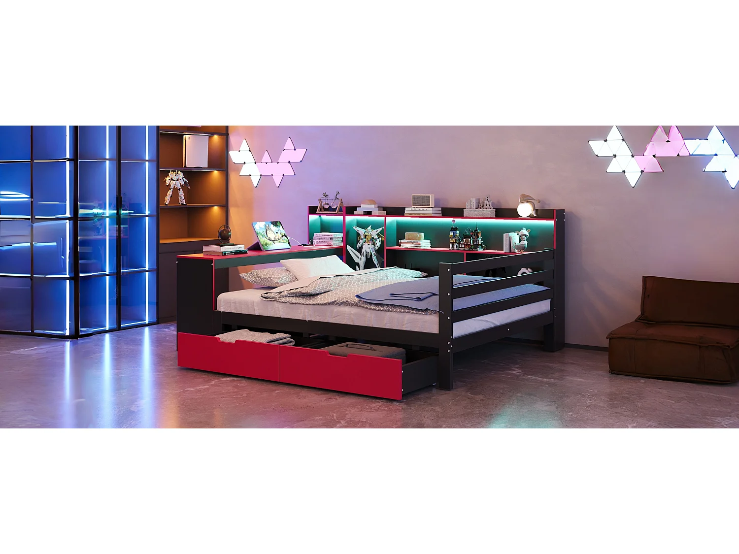 Canapé-lit en bois pour enfant - 140 x 200 cm - avec bureau + bibliothèque + étagères + Leds + prises - noir + rouge