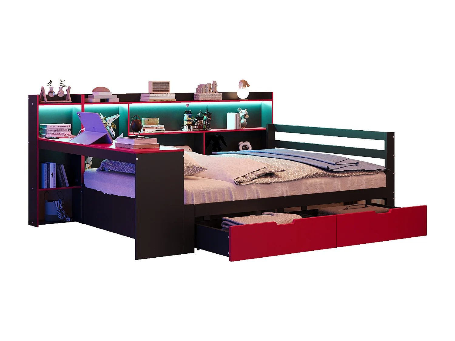 Canapé-lit en bois pour enfant - 140 x 200 cm - avec bureau + bibliothèque + étagères + Leds + prises - noir + rouge
