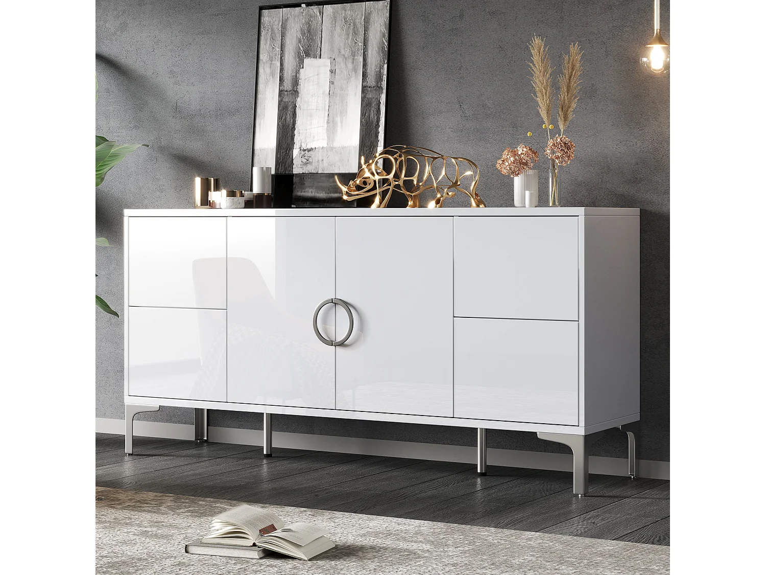Buffet laqué brillant de salon - 150 x 38 x 59.5 cm - avec 4 tiroirs + 2 portes - pieds de support en métal - MDF - blanc