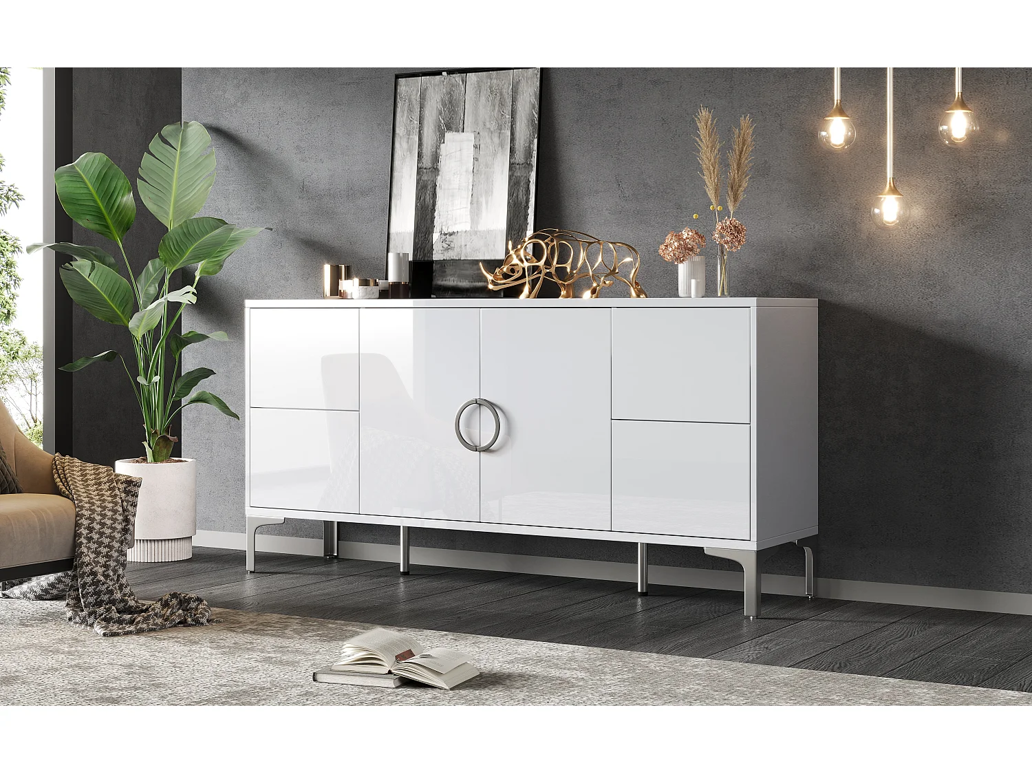Buffet laqué brillant de salon - 150 x 38 x 59.5 cm - avec 4 tiroirs + 2 portes - pieds de support en métal - MDF - blanc