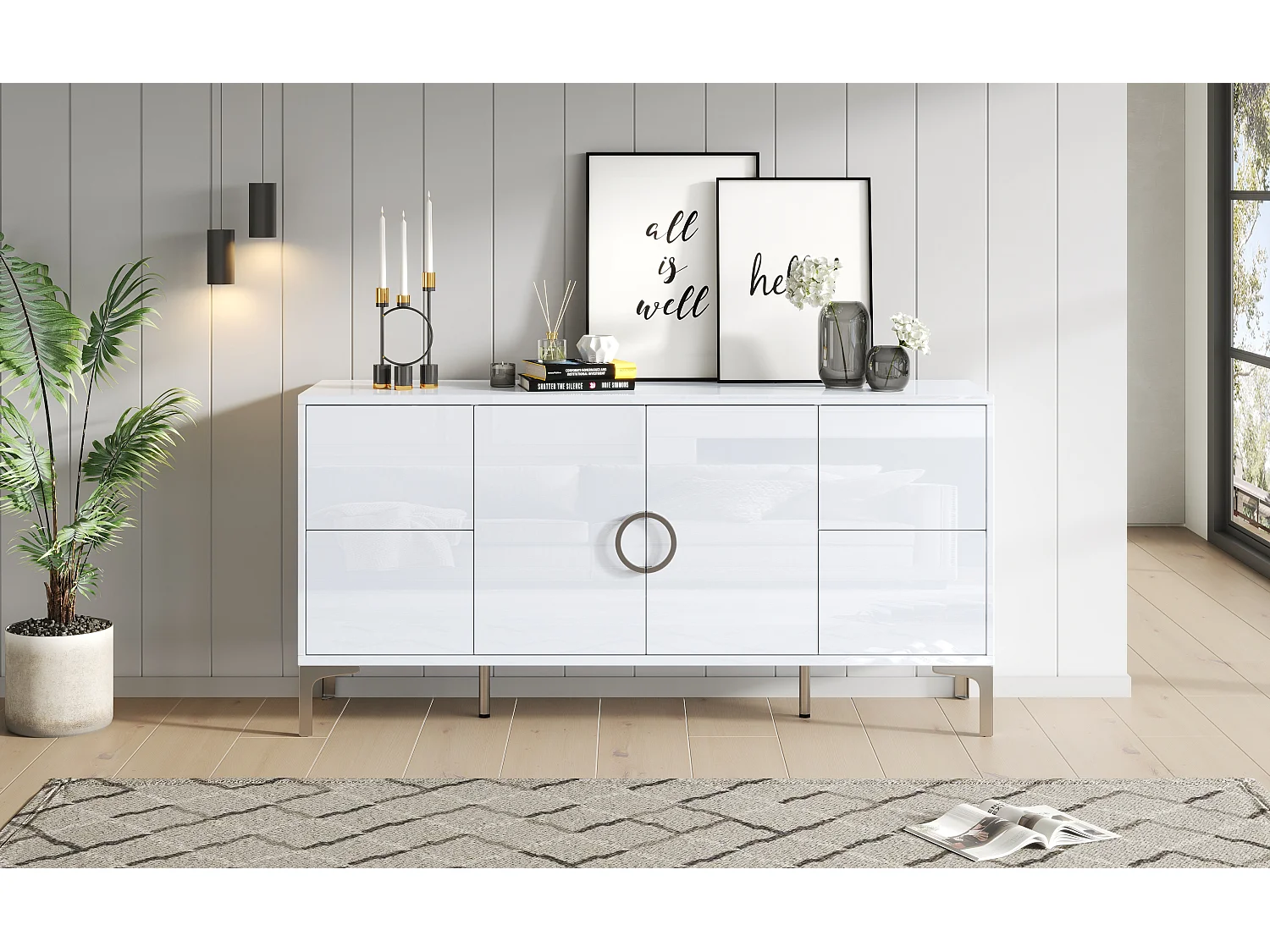 Buffet laqué brillant de salon - 150 x 38 x 59.5 cm - avec 4 tiroirs + 2 portes - pieds de support en métal - MDF - blanc