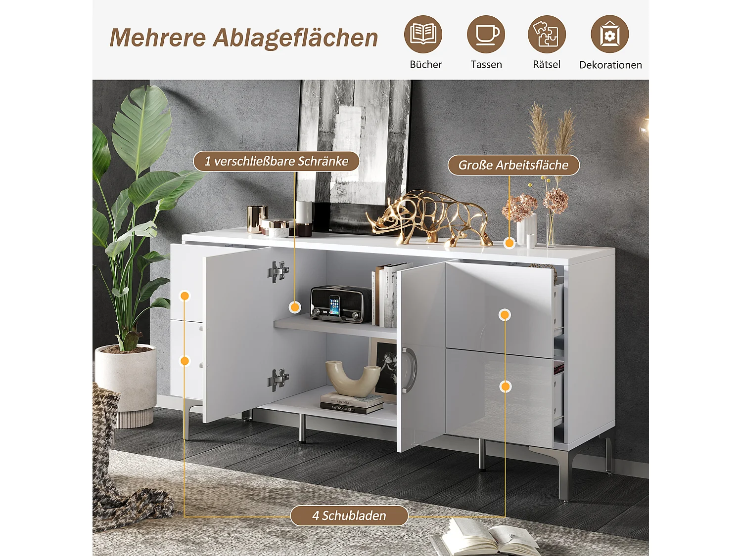 Buffet laqué brillant de salon - 150 x 38 x 59.5 cm - avec 4 tiroirs + 2 portes - pieds de support en métal - MDF - blanc