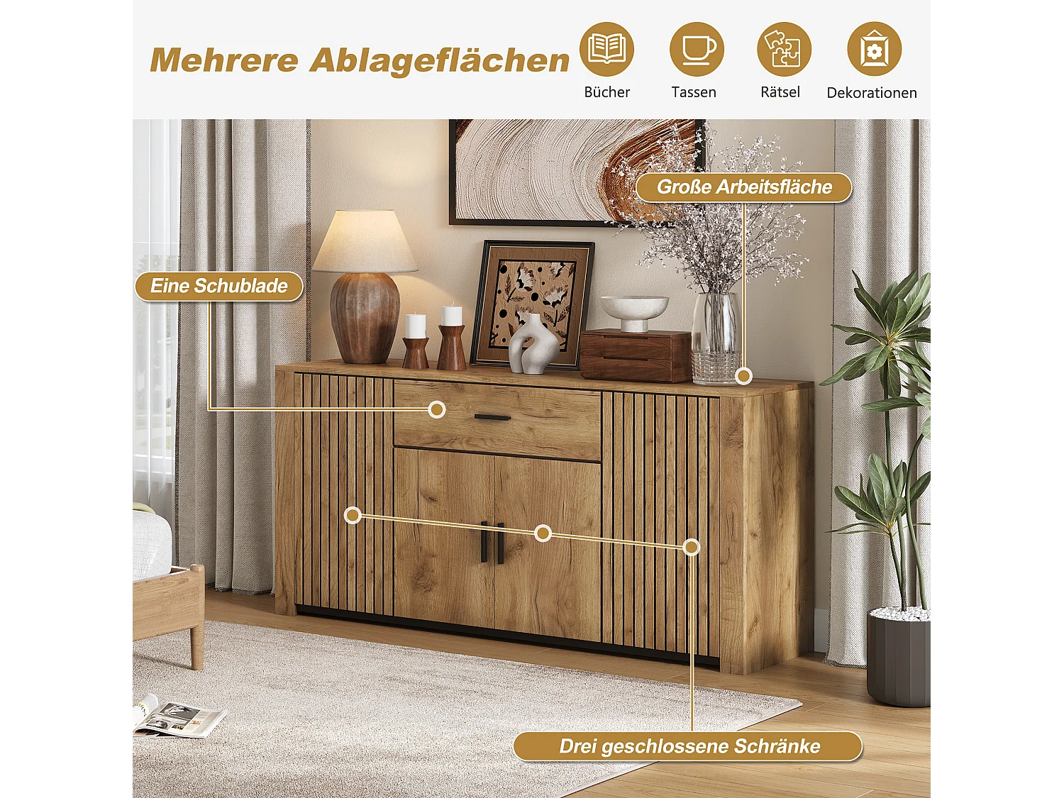 Buffet de salon - 160 x 40 x 75 cm - avec 4 portes + 1 tiroir - meuble de salle à manger - aggloméré - naturel