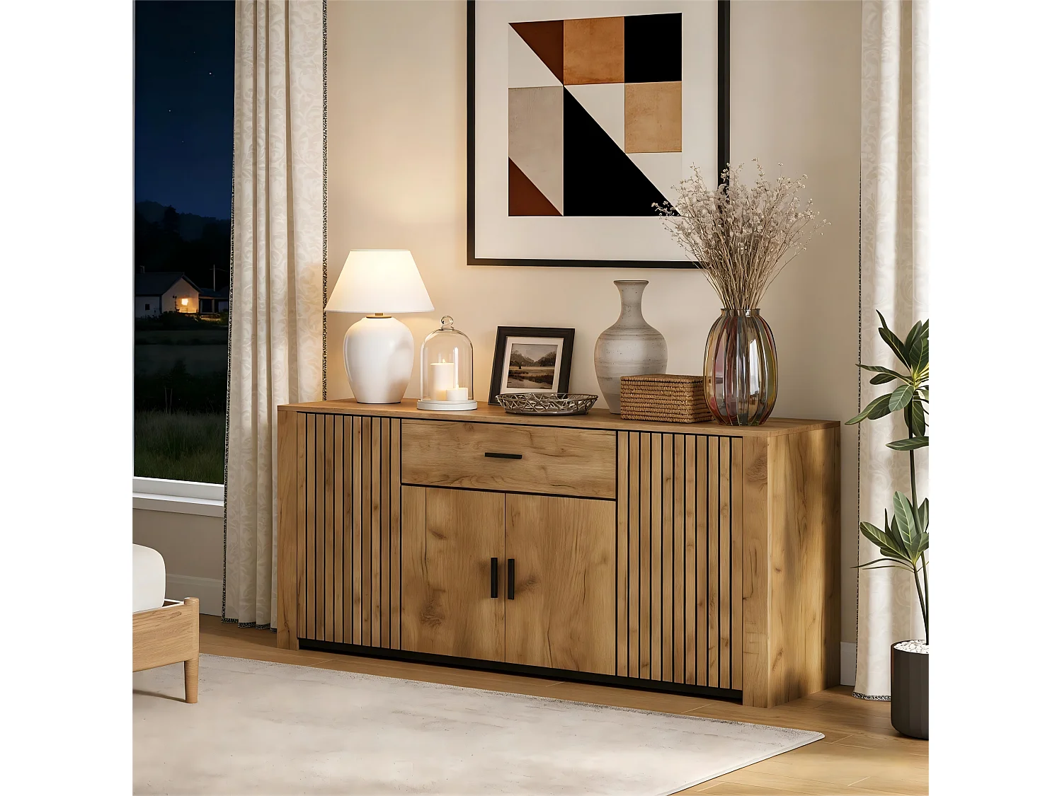 Buffet de salon - 160 x 40 x 75 cm - avec 4 portes + 1 tiroir - meuble de salle à manger - aggloméré - naturel