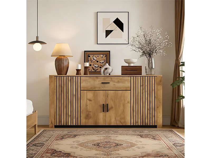 Buffet de salon - 160 x 40 x 75 cm - avec 4 portes + 1 tiroir - meuble de salle à manger - aggloméré - naturel