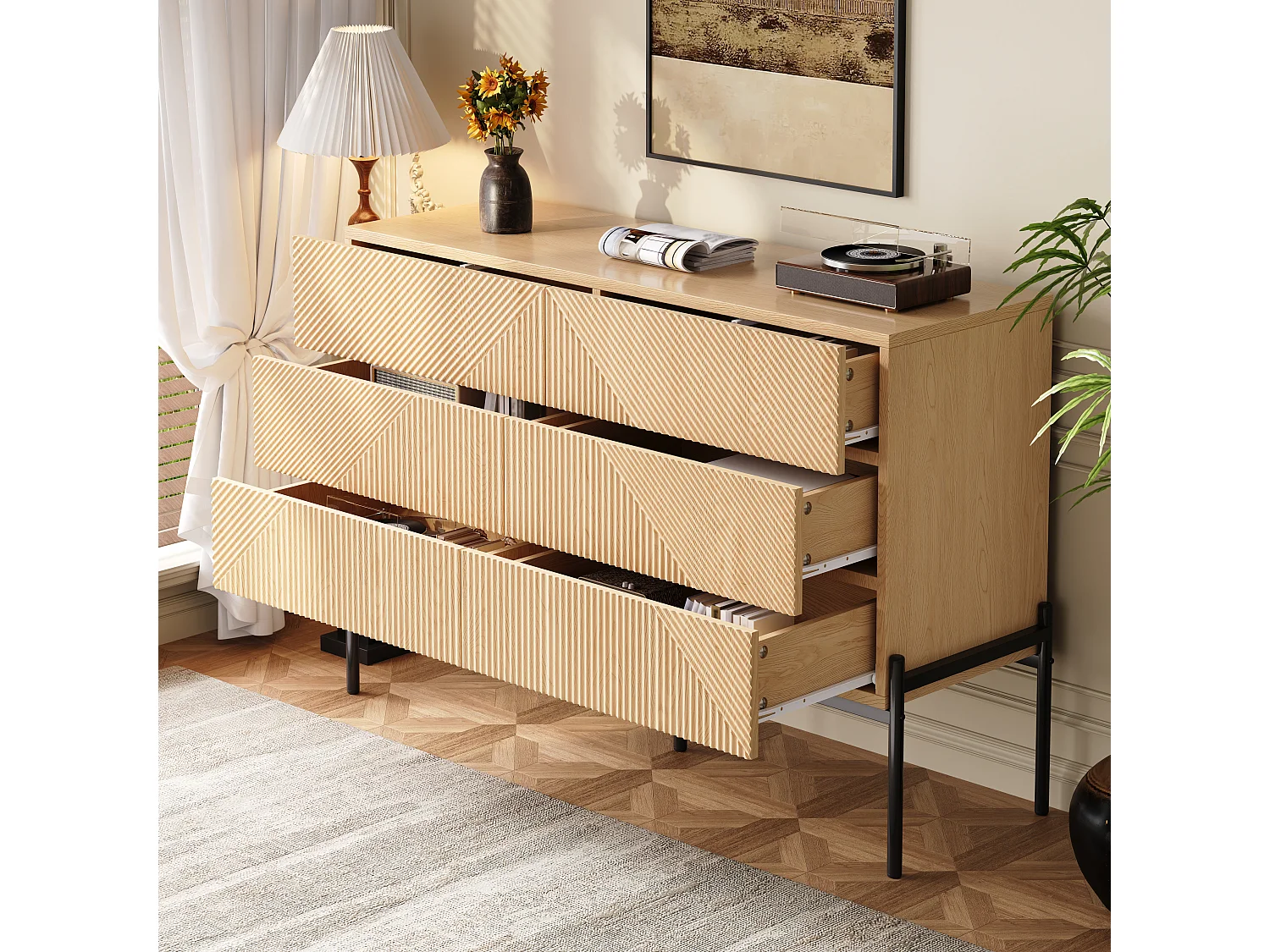 Buffet moderne de texture 3D - 115.5 x 38 x 75 cm - avec six tiroirs - pour salons et salles à manger - MDF - naturel clair