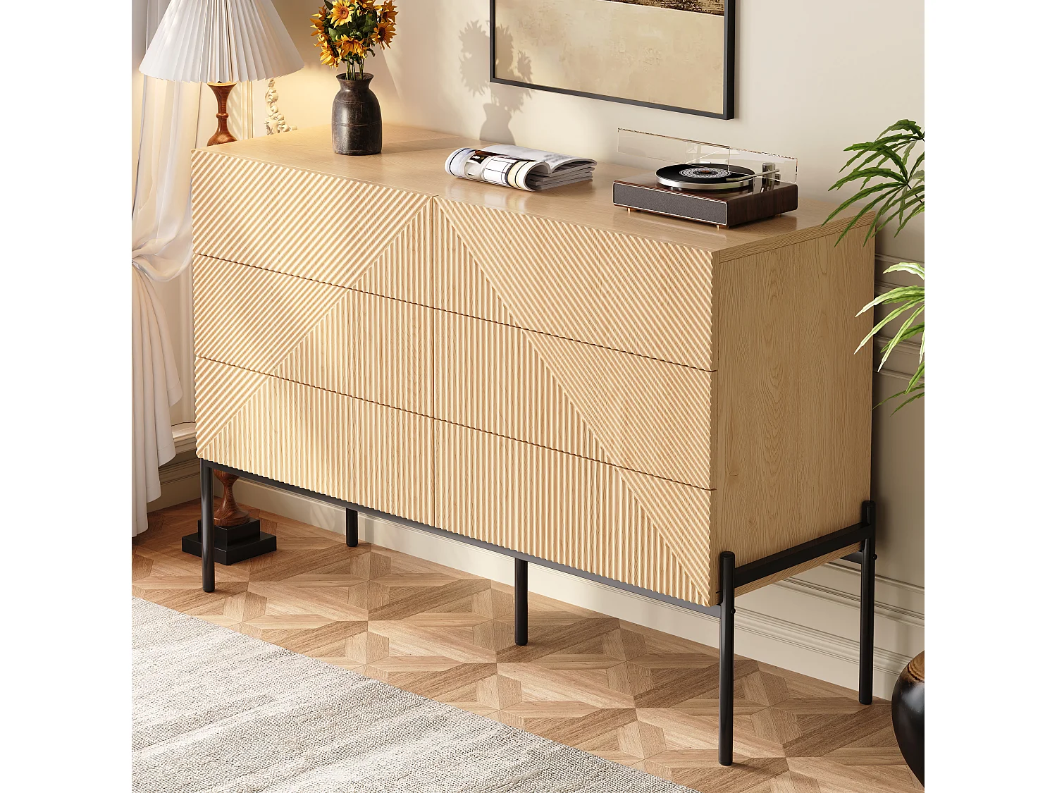 Buffet moderne de texture 3D - 115.5 x 38 x 75 cm - avec six tiroirs - pour salons et salles à manger - MDF - naturel clair