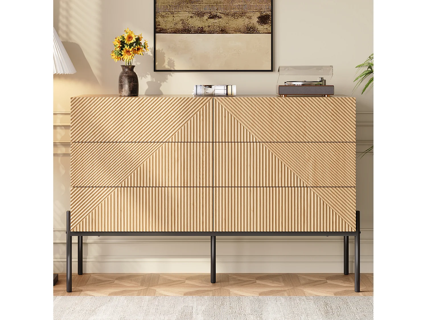 Buffet moderne de texture 3D - 115.5 x 38 x 75 cm - avec six tiroirs - pour salons et salles à manger - MDF - naturel clair
