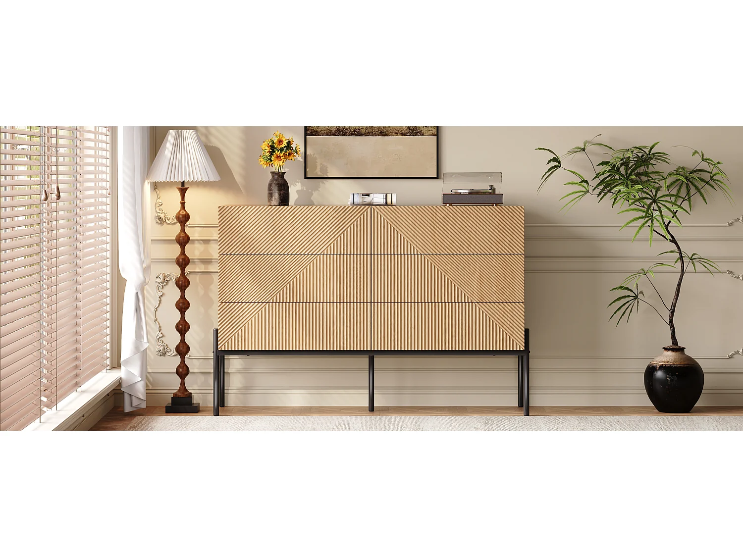 Buffet moderne de texture 3D - 115.5 x 38 x 75 cm - avec six tiroirs - pour salons et salles à manger - MDF - naturel clair