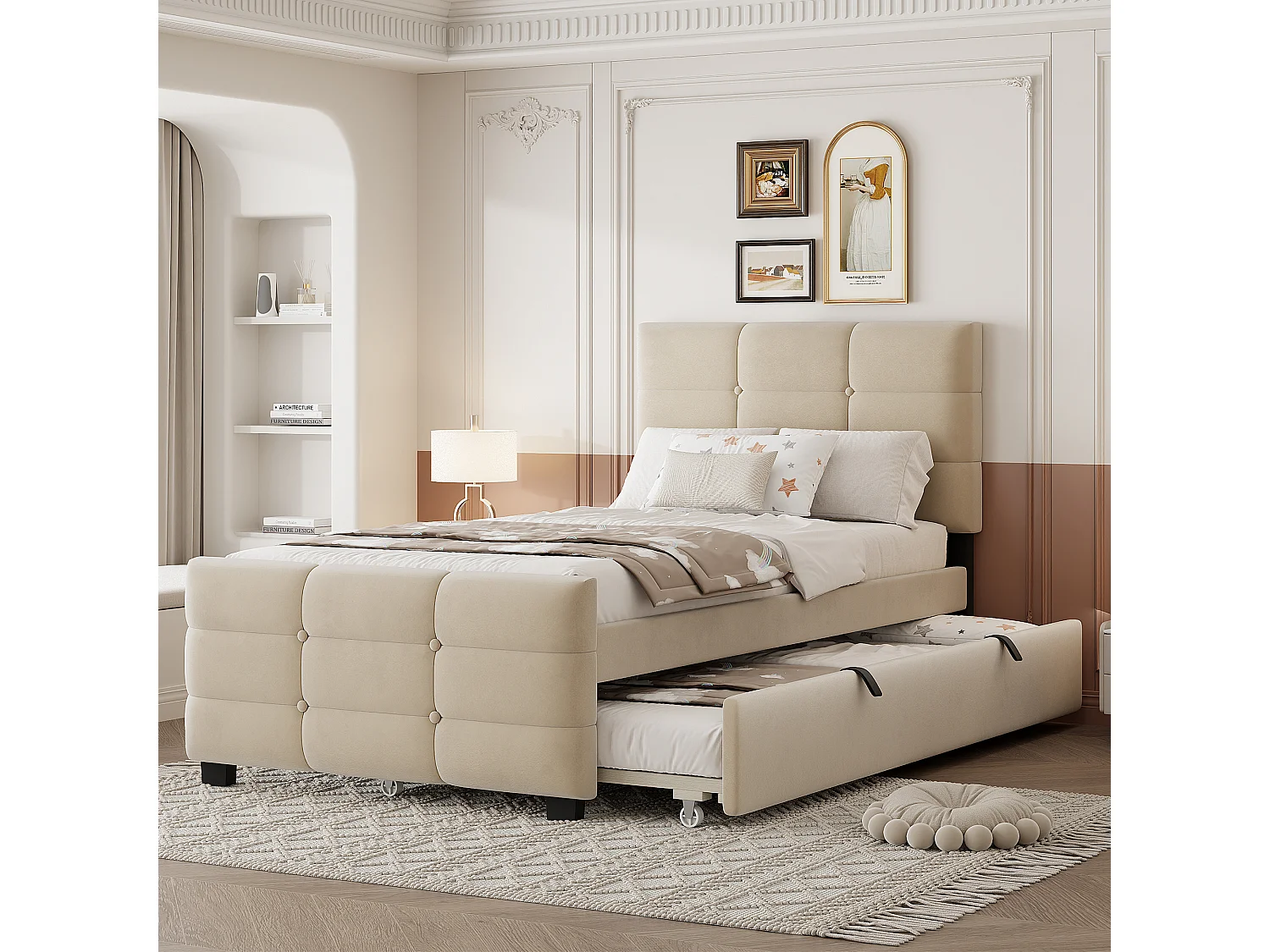 Letto imbottito per bambini - 90 x 190 cm - con letto estraibile 90 x 190 + testiera - MDF + Metallo + Velluto - beige