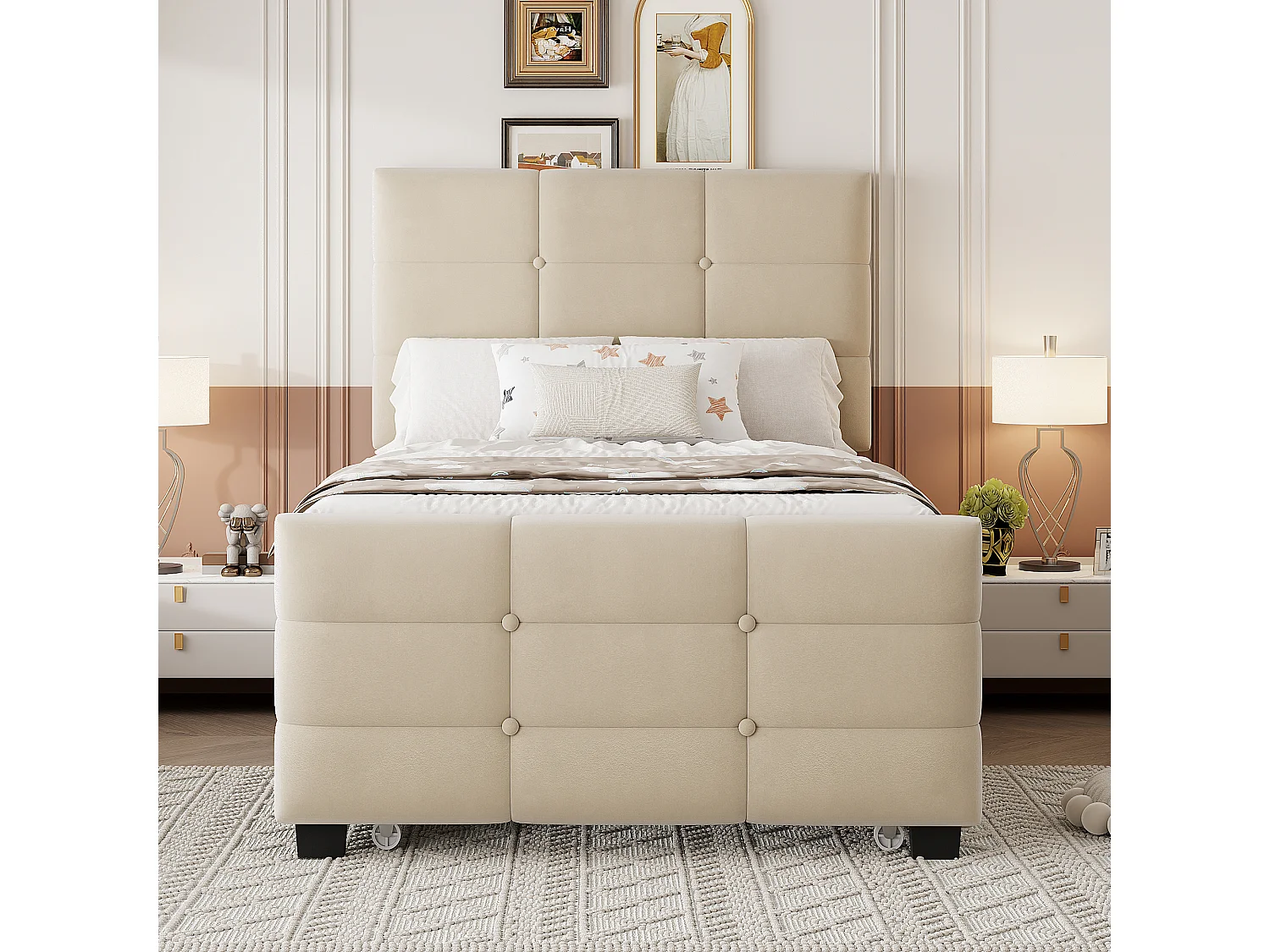 Letto imbottito per bambini - 90 x 190 cm - con letto estraibile 90 x 190 + testiera - MDF + Metallo + Velluto - beige