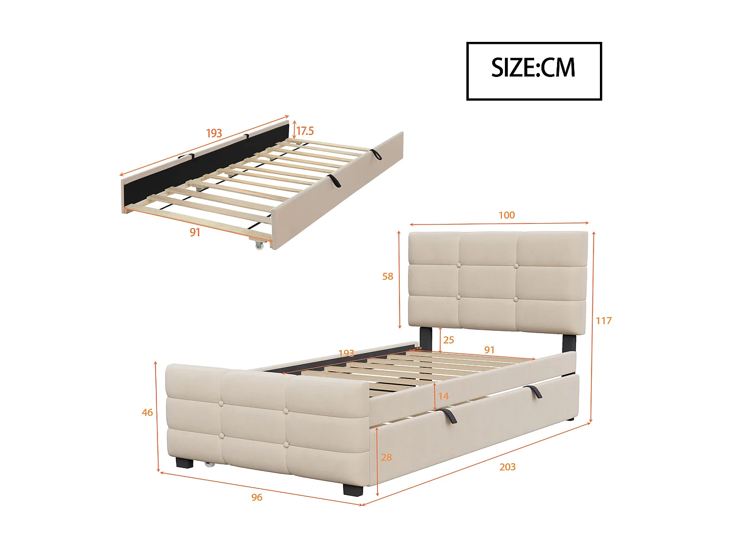 Letto imbottito per bambini - 90 x 190 cm - con letto estraibile 90 x 190 + testiera - MDF + Metallo + Velluto - beige