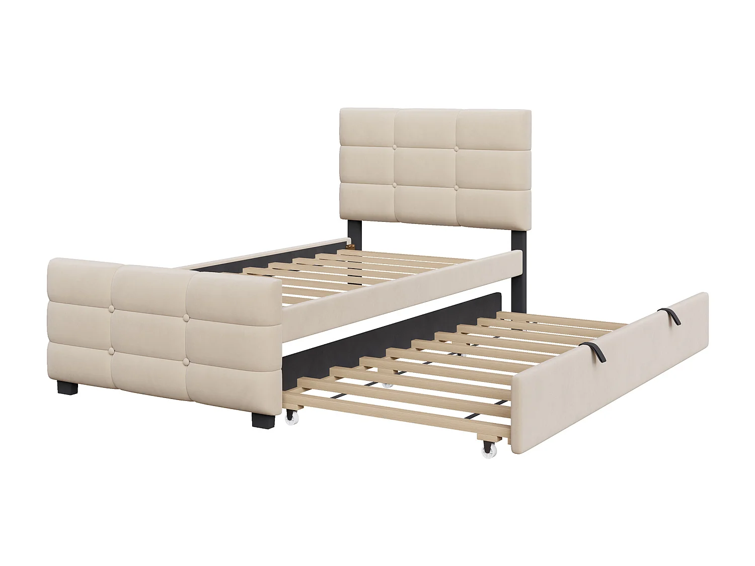Letto imbottito per bambini - 90 x 190 cm - con letto estraibile 90 x 190 + testiera - MDF + Metallo + Velluto - beige
