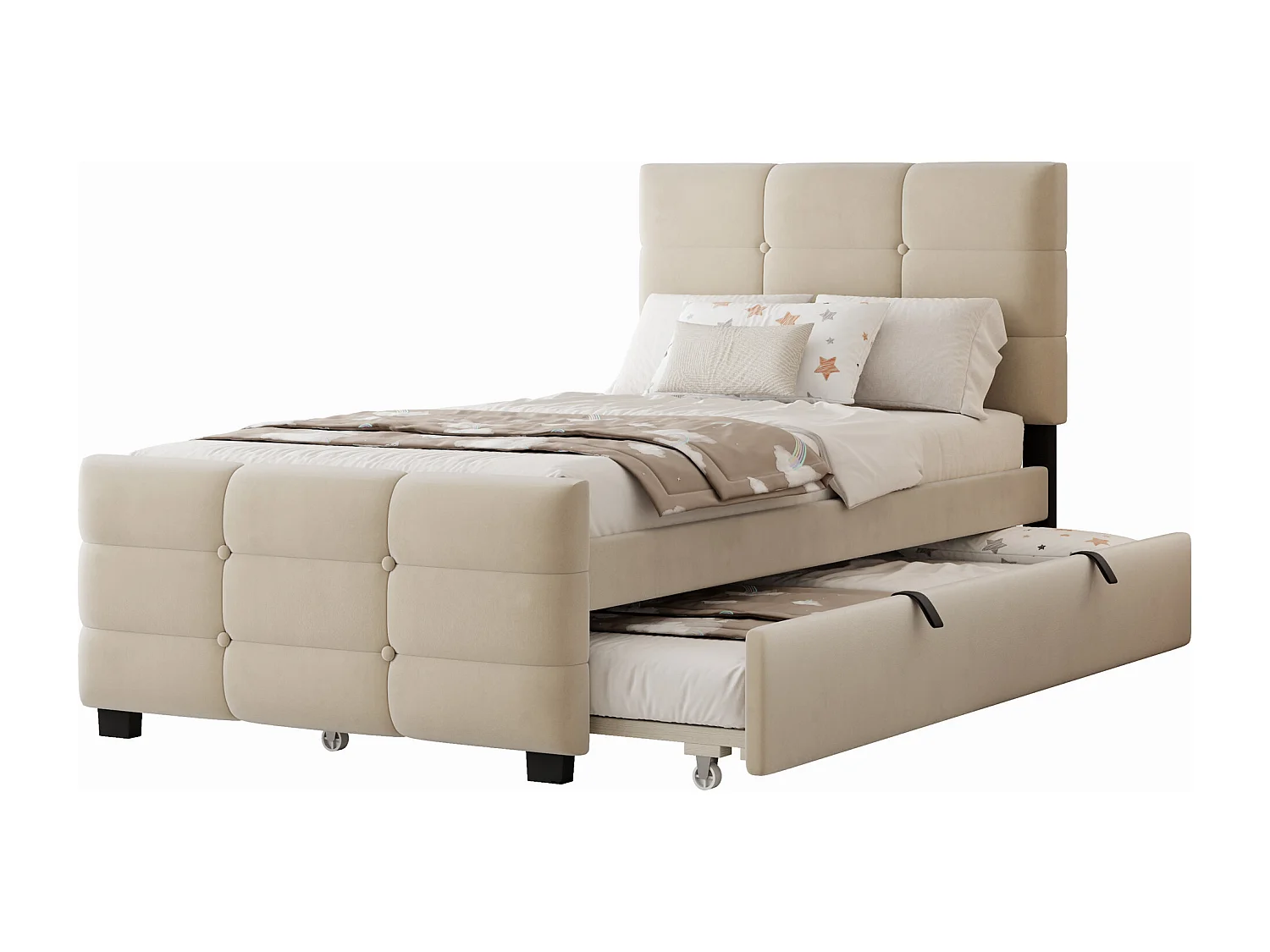 Letto imbottito per bambini - 90 x 190 cm - con letto estraibile 90 x 190 + testiera - MDF + Metallo + Velluto - beige