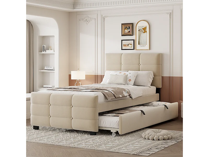 Letto imbottito per bambini - 90 x 190 cm - con letto estraibile 90 x 190 + testiera - MDF + Metallo + Velluto - beige