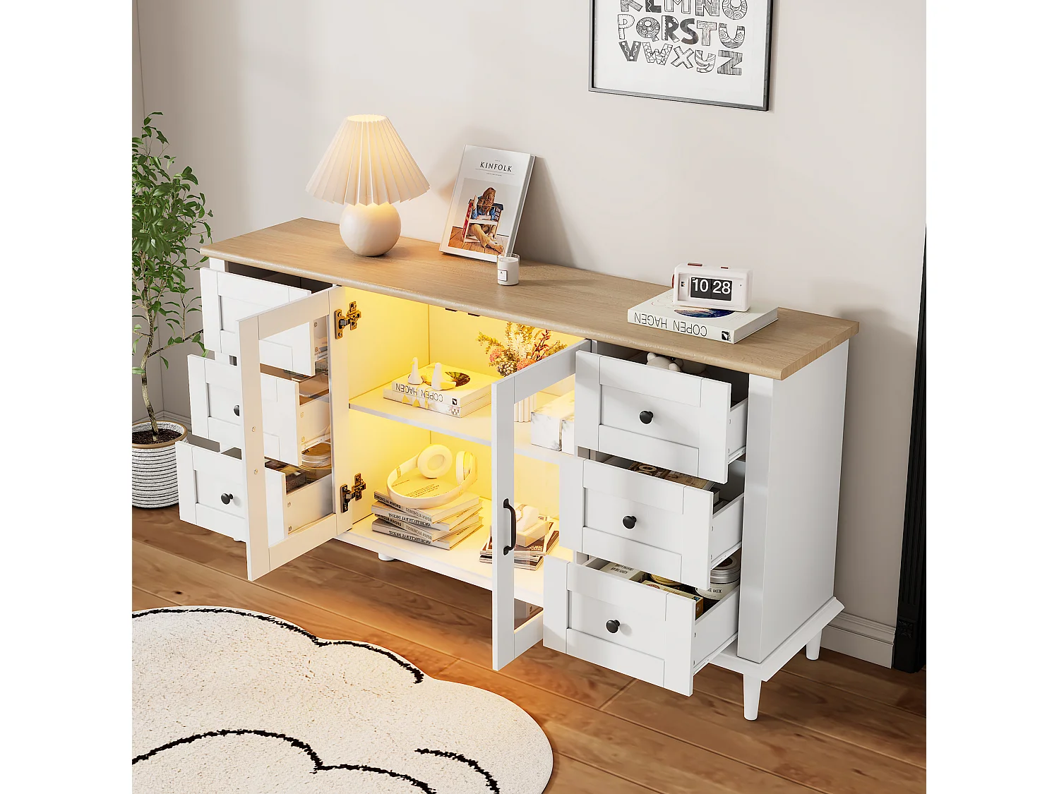 Buffet de salon moderne - 150 x 40 x 75 cm - avec 2 portes en acrylique + 6 tiroirs + Leds + étagère - MDF - blanc