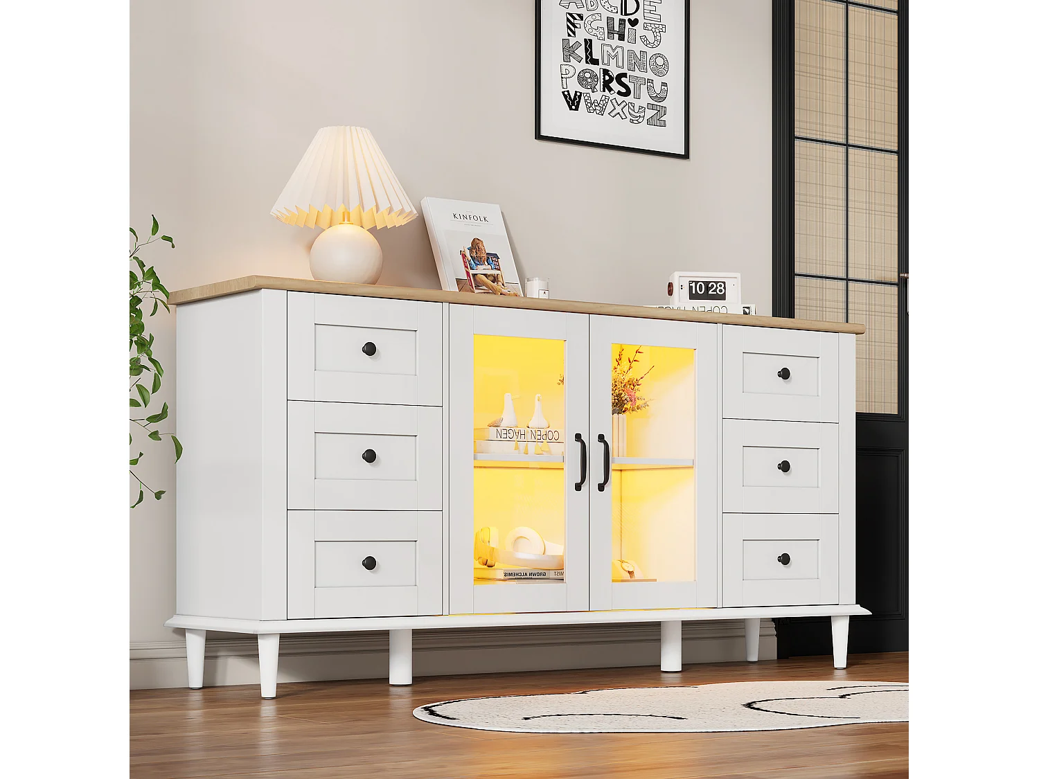 Buffet de salon moderne - 150 x 40 x 75 cm - avec 2 portes en acrylique + 6 tiroirs + Leds + étagère - MDF - blanc