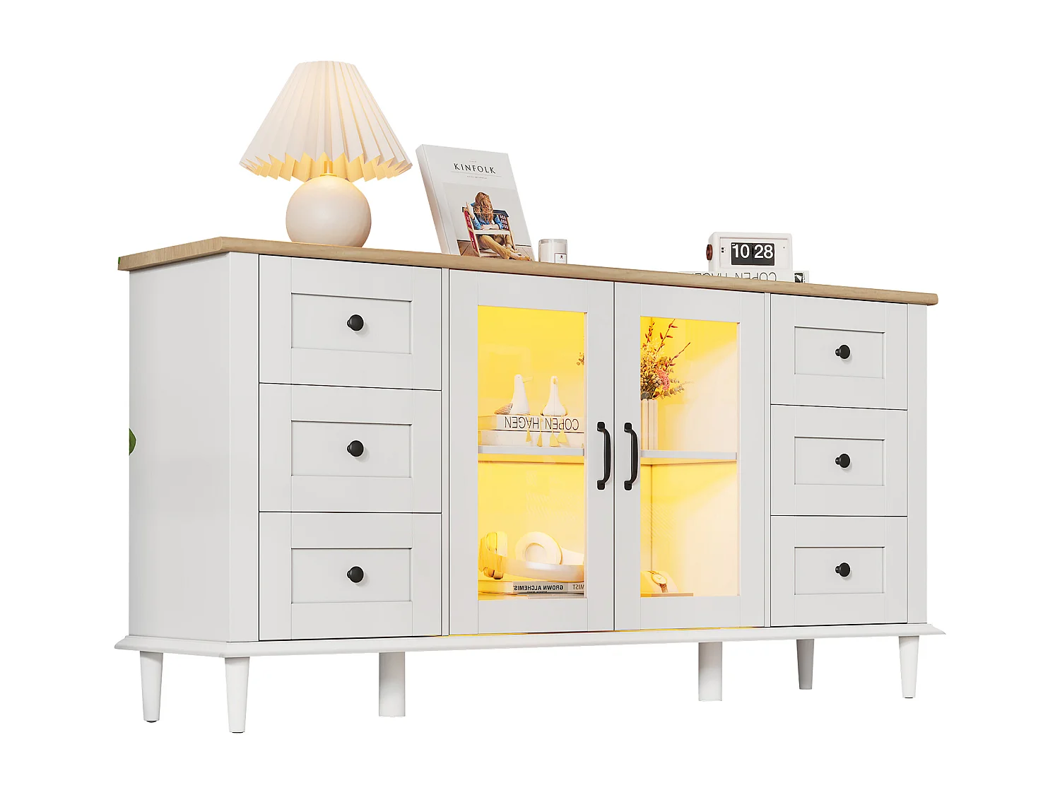 Buffet de salon moderne - 150 x 40 x 75 cm - avec 2 portes en acrylique + 6 tiroirs + Leds + étagère - MDF - blanc
