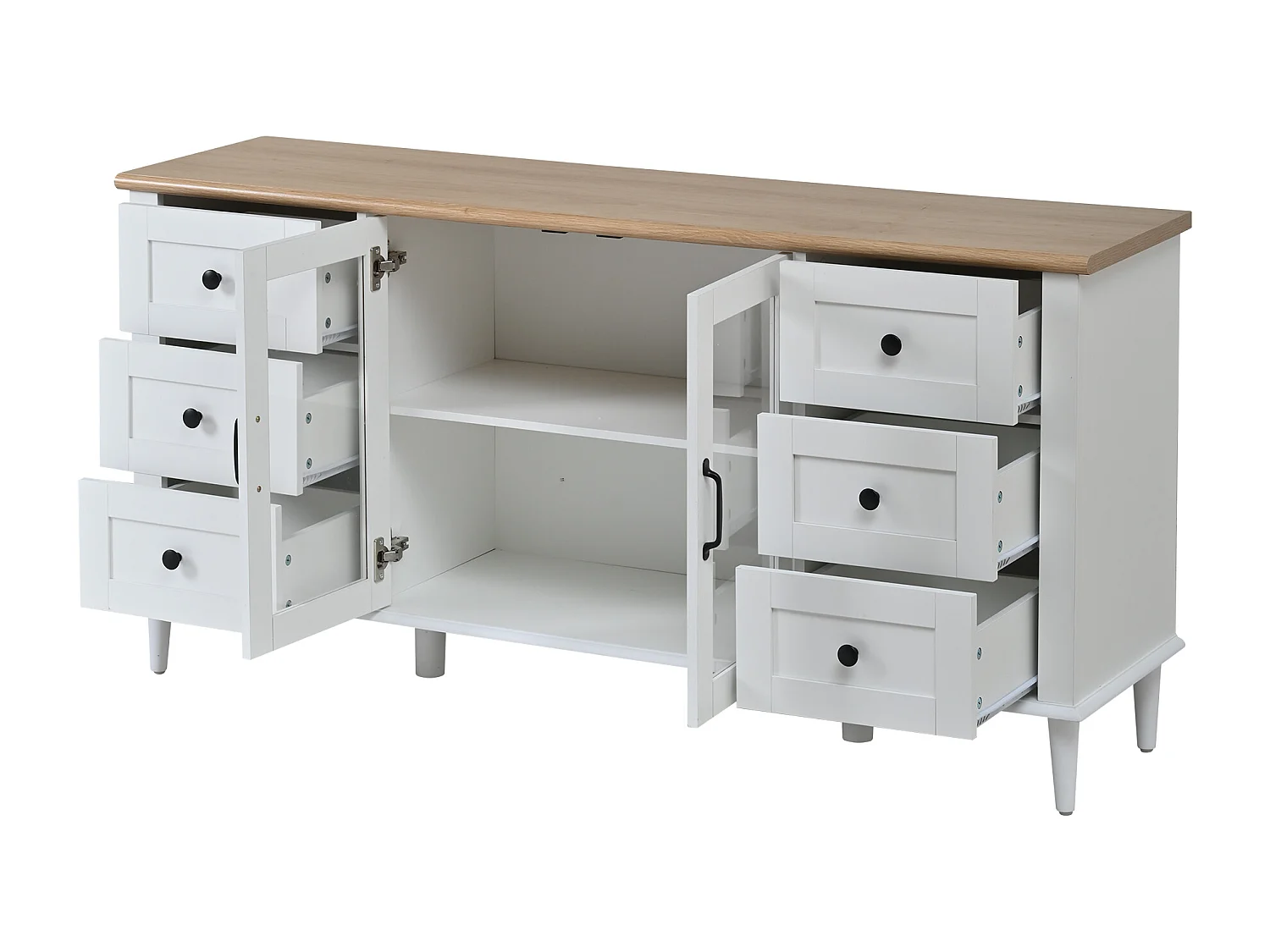 Buffet de salon moderne - 150 x 40 x 75 cm - avec 2 portes en acrylique + 6 tiroirs + Leds + étagère - MDF - blanc