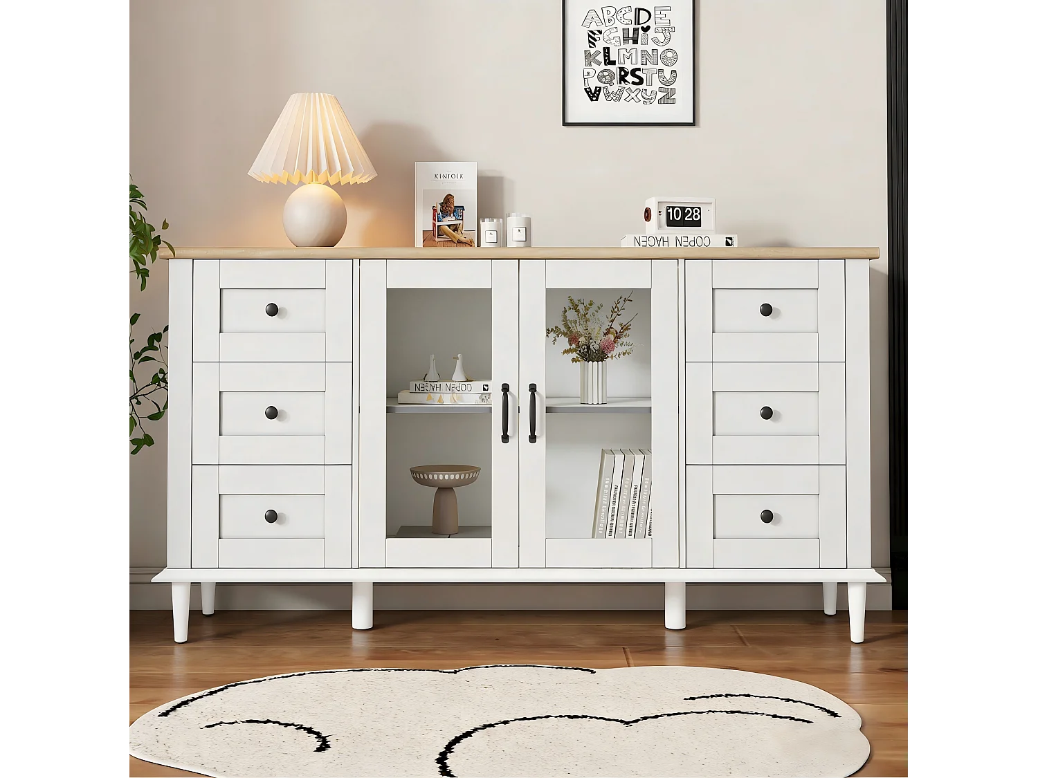 Buffet de salon moderne - 150 x 40 x 75 cm - avec 2 portes en acrylique + 6 tiroirs + Leds + étagère - MDF - blanc