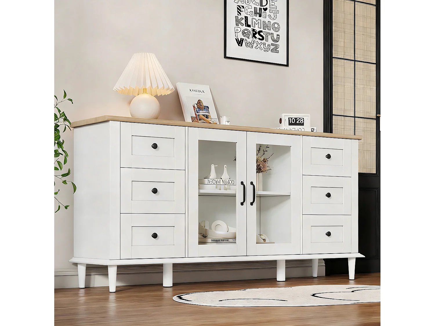 Buffet de salon moderne - 150 x 40 x 75 cm - avec 2 portes en acrylique + 6 tiroirs + Leds + étagère - MDF - blanc