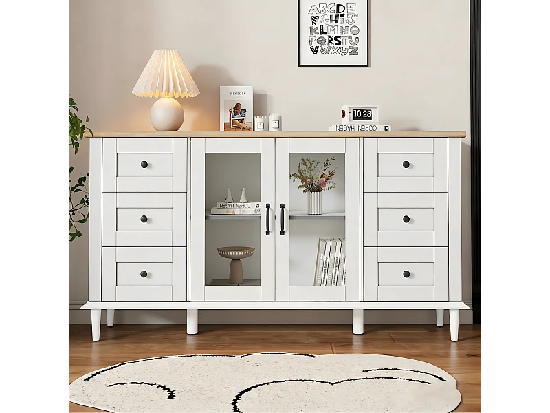 Buffet de salon moderne - 150 x 40 x 75 cm - avec 2 portes en acrylique + 6 tiroirs + Leds + étagère - MDF - blanc