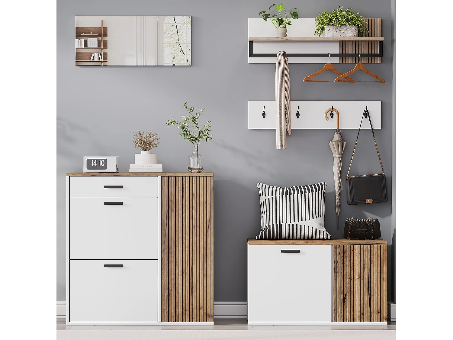 Vestiaire 5 pièces - avec meuble à chaussures + banc à chaussures + miroir + porte-manteau (4 crochets) - aggloméré - blanc