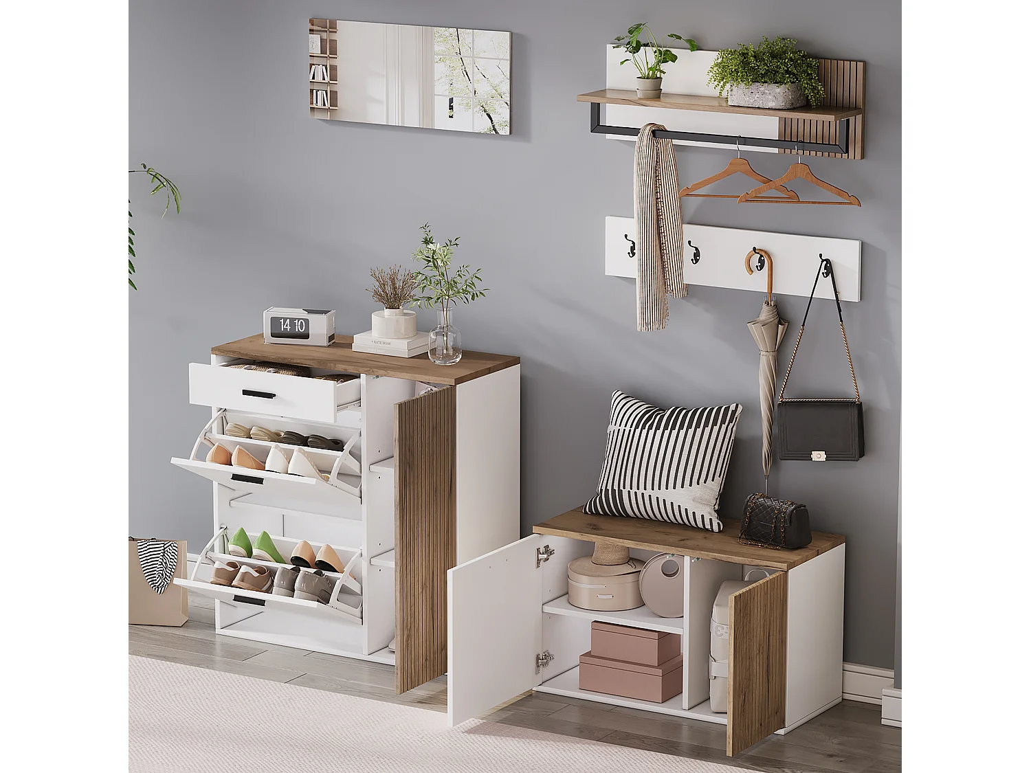 Vestiaire 5 pièces - avec meuble à chaussures + banc à chaussures + miroir + porte-manteau (4 crochets) - aggloméré - blanc