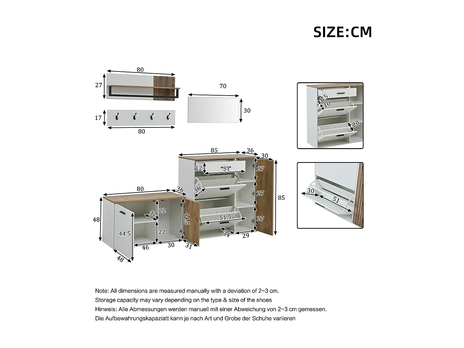 Vestiaire 5 pièces - avec meuble à chaussures + banc à chaussures + miroir + porte-manteau (4 crochets) - aggloméré - blanc