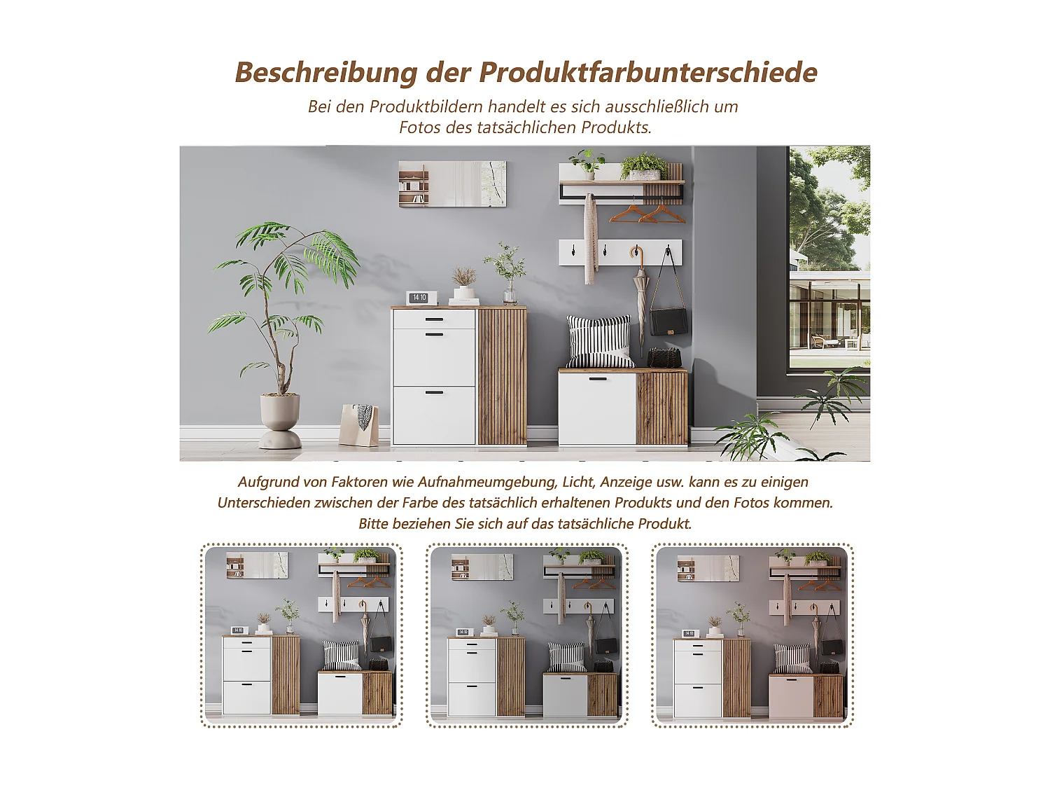 Vestiaire 5 pièces - avec meuble à chaussures + banc à chaussures + miroir + porte-manteau (4 crochets) - aggloméré - blanc